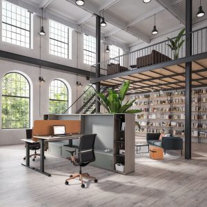 Bürodesign mit verschiedenen, flexiblen Bereichen und höhenverstellbarem Schreibtisch